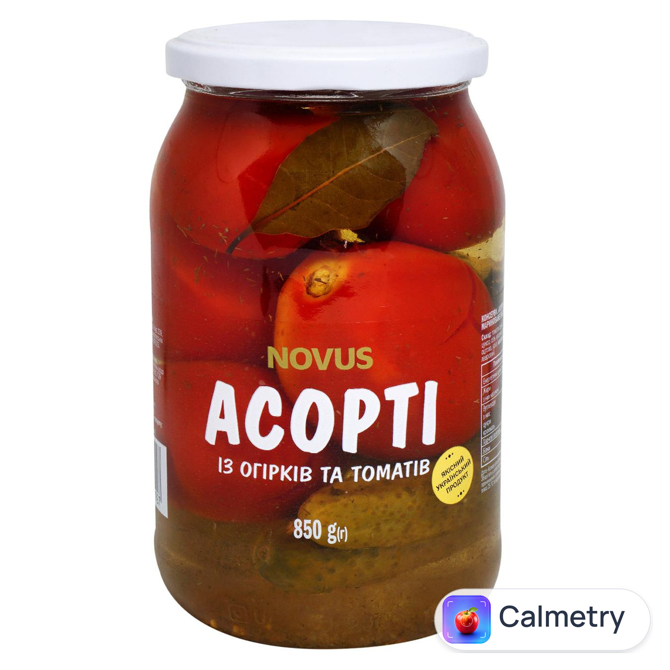 Асорті огірків і томатів Novus мариновані 850г — фото продукту