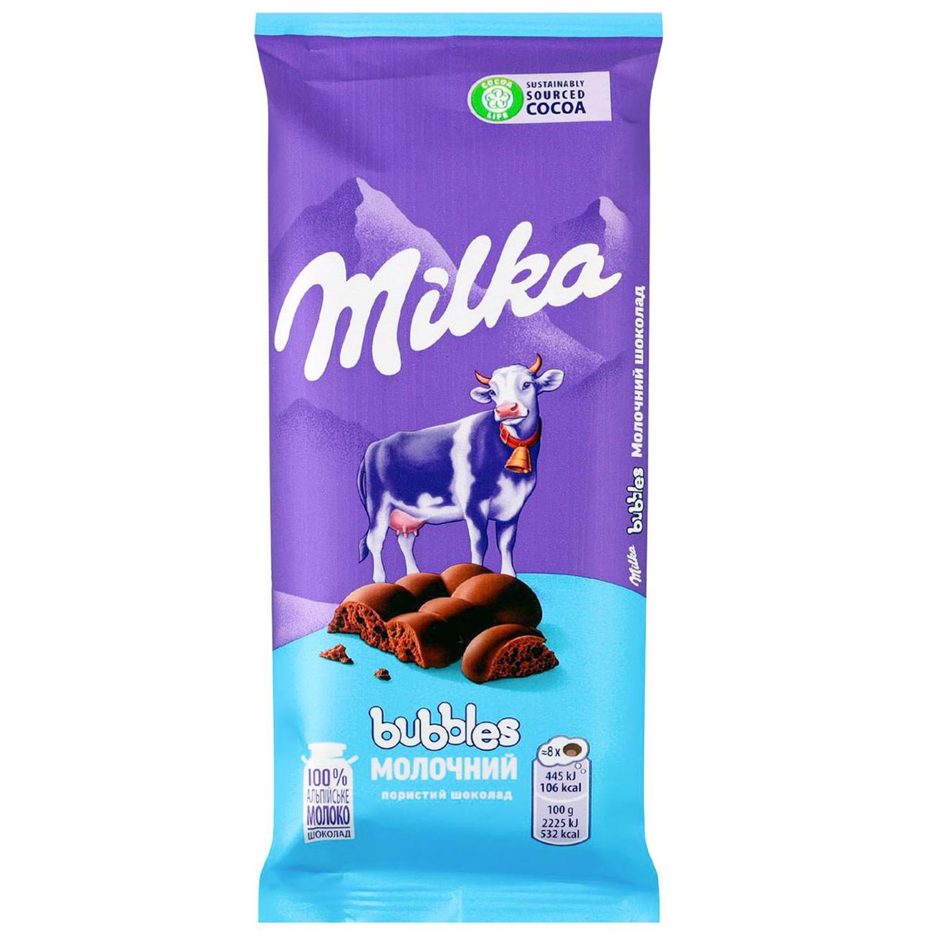 Шоколад молочний Milka Bubbles пористий 80г — фото продукту