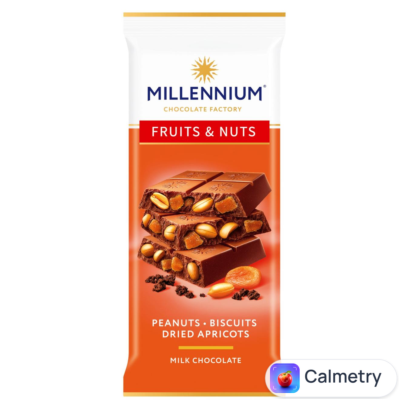 Шоколад молочний Millennium Fruits&Nuts з мигдалем, лісовими горіхами, курагою та родзинками 90г — фото продукту