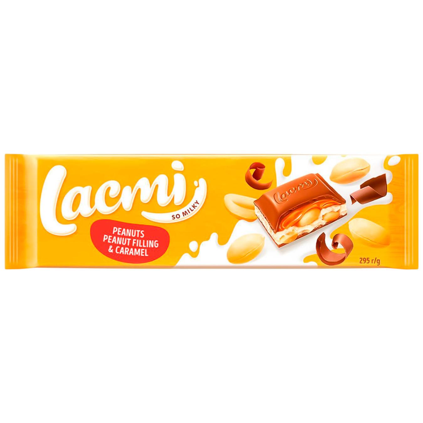 Шоколад молочний Roshen Lacmi з арахісом і карамельно-арахісовою начинкою 295г — фото продукту