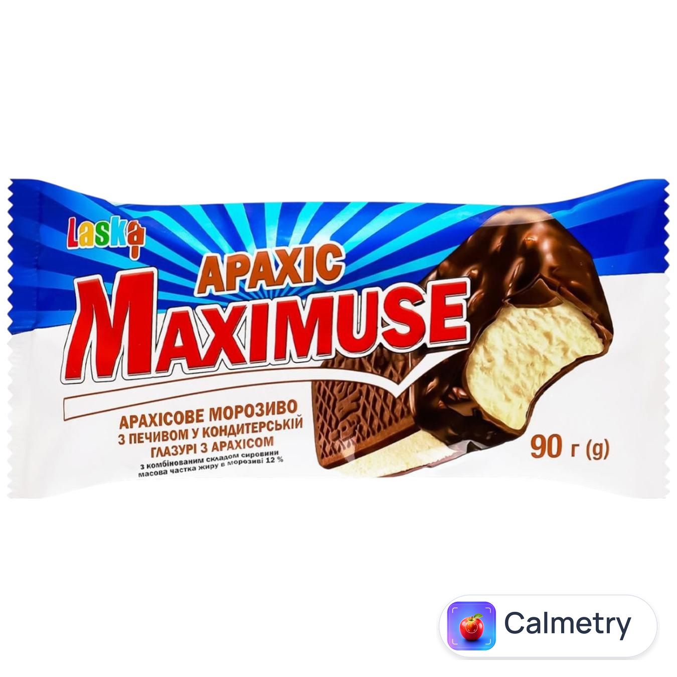 Морозиво Laska Maximuse арахісове з печивом у кондитерській глазурі 12% 90г — фото продукту