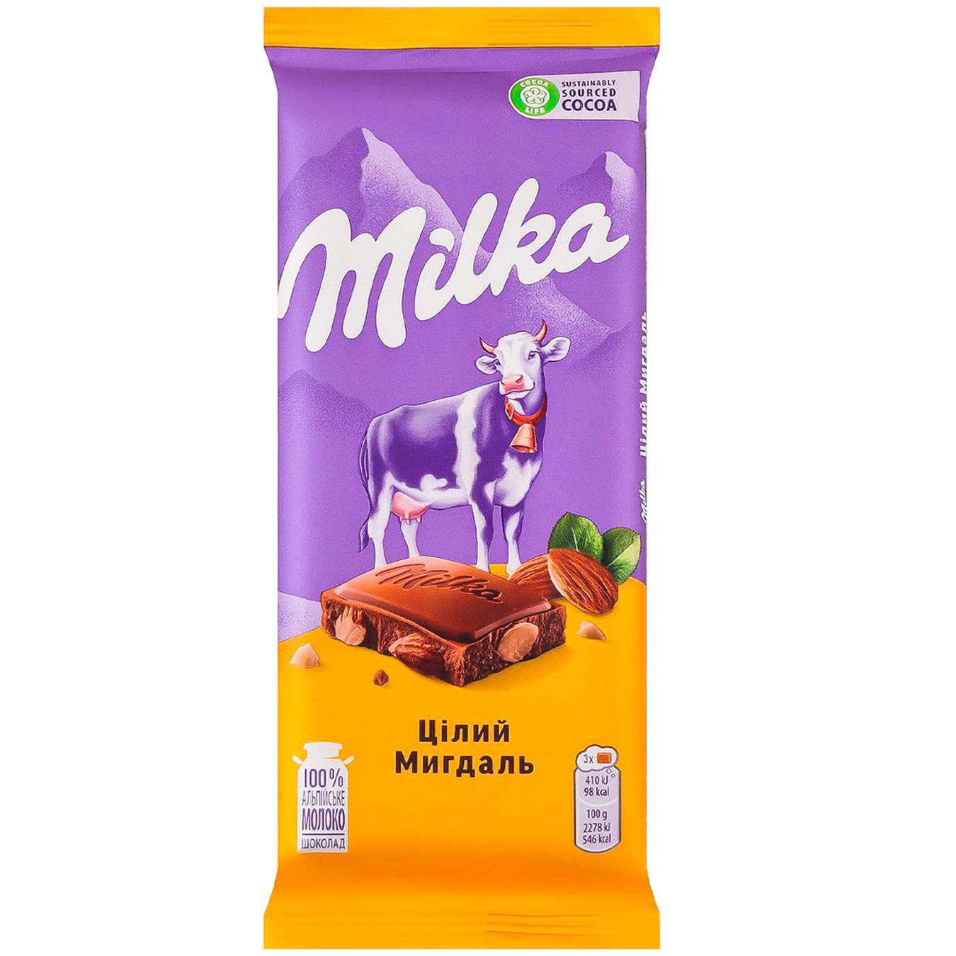 Шоколад молочний Milka з цілим мигдалем 90г — фото продукту