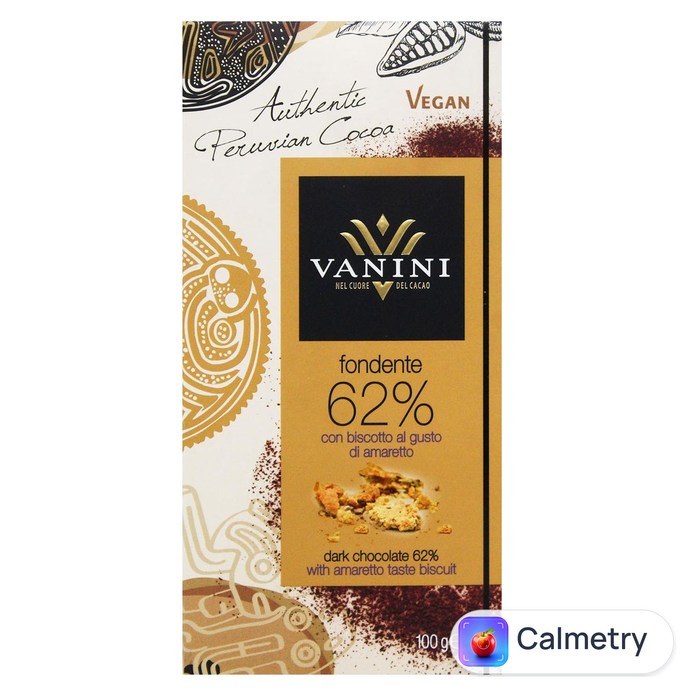 Шоколад чорний Vanini зі смаком печива амаретто 62% 100г — фото продукту
