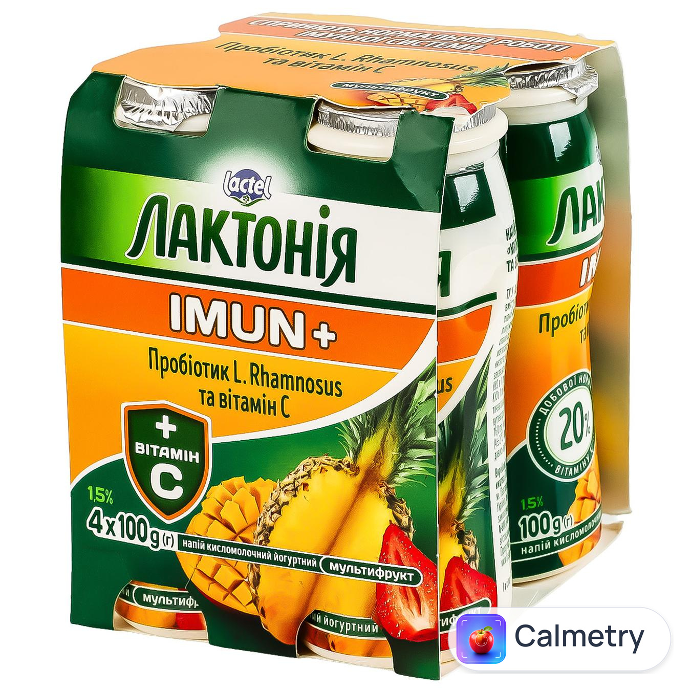 Напій кисломолочний йогуртний Лактонія Імун+ Мультифрукт з пробіотиком L.Rhamnosus та вітаміном С 1,5% 100г х 4шт