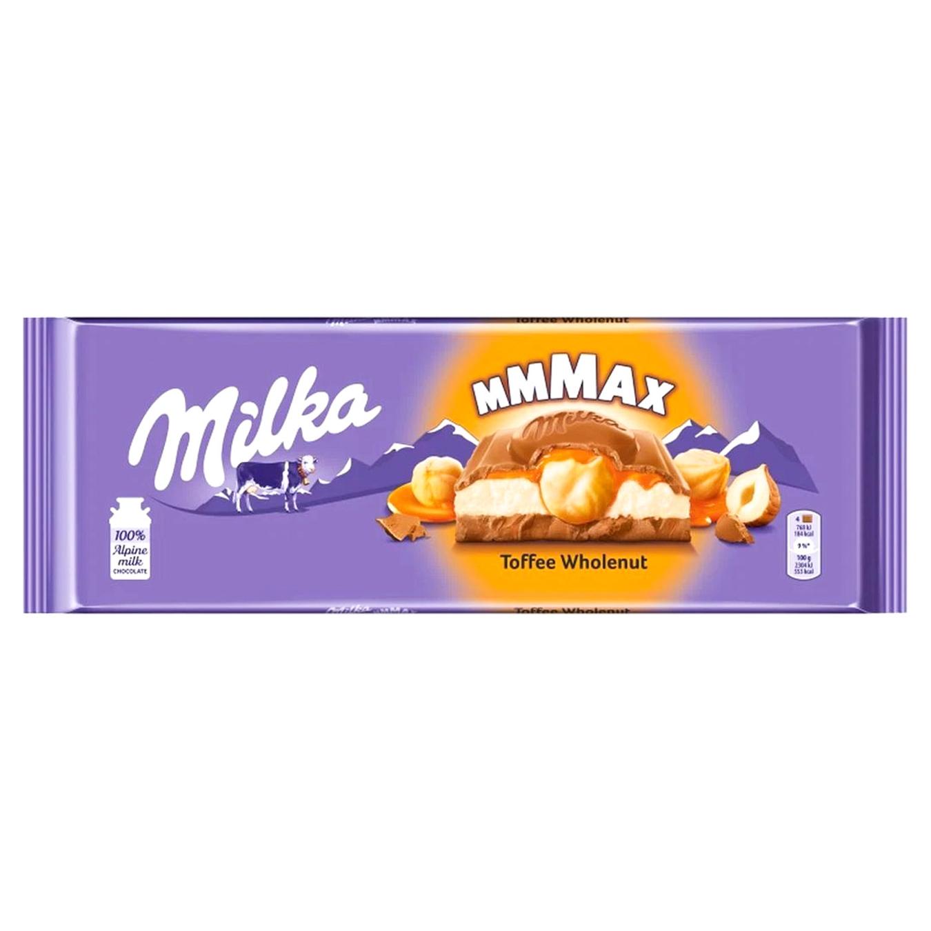 Шоколад молочний Milka з молочною і карамельною начинками і обсмаженим цілим фундуком 300г — фото продукту
