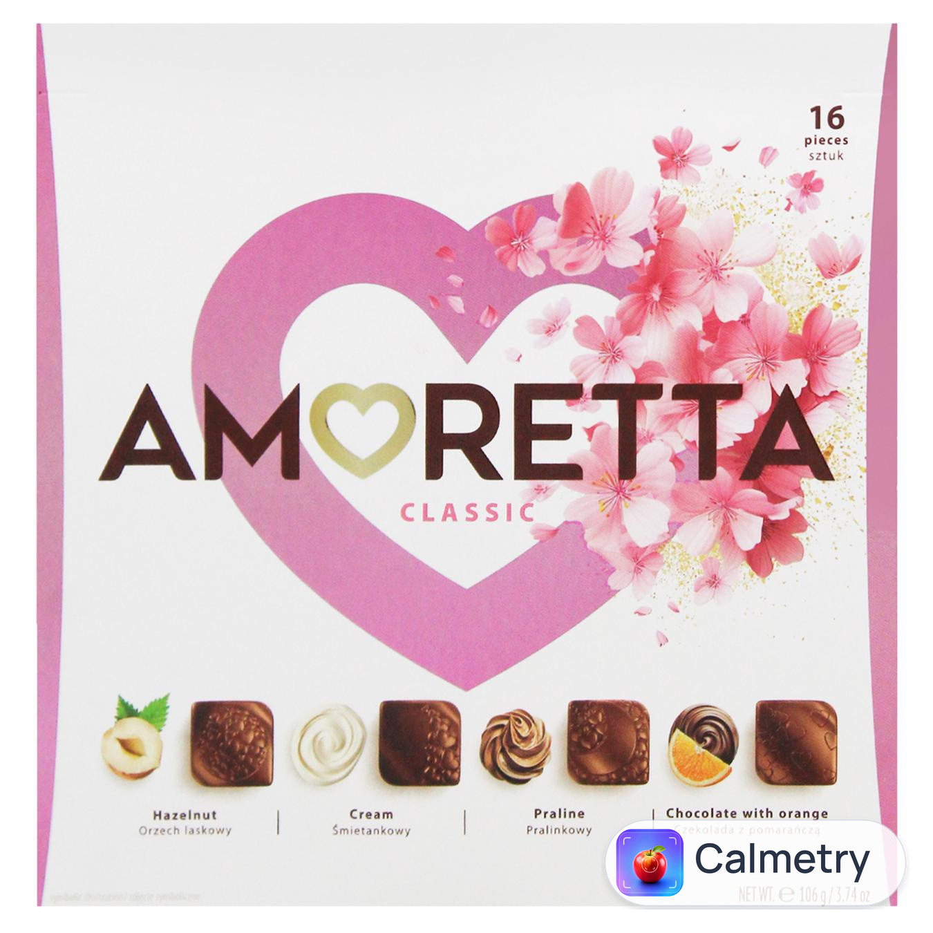 Цукерки Mieszko Amoretta Classic зі смаком фундука, вершків, шоколаду з апельсином і праліне 106г — фото продукту