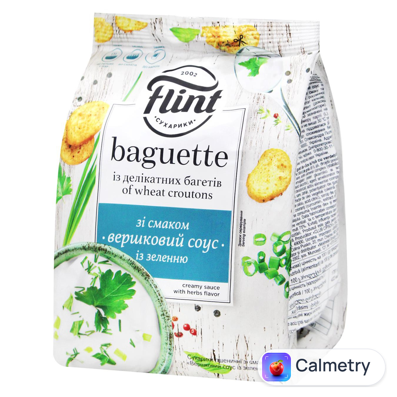 Сухарики Flint Baguette пшеничні зі смаком вершкового соусу із зеленню 100г — фото продукту