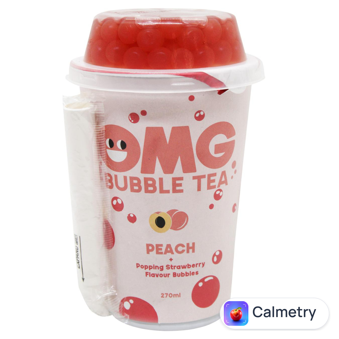 Чай холодний чорний OMG Bubble Tea персик з кульками полуниці 270мл — фото продукту