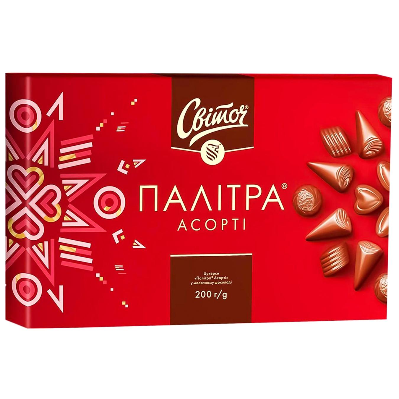 Цукерки СВІТОЧ® Палітра Асорті у молочному шоколаді 200г — фото продукту