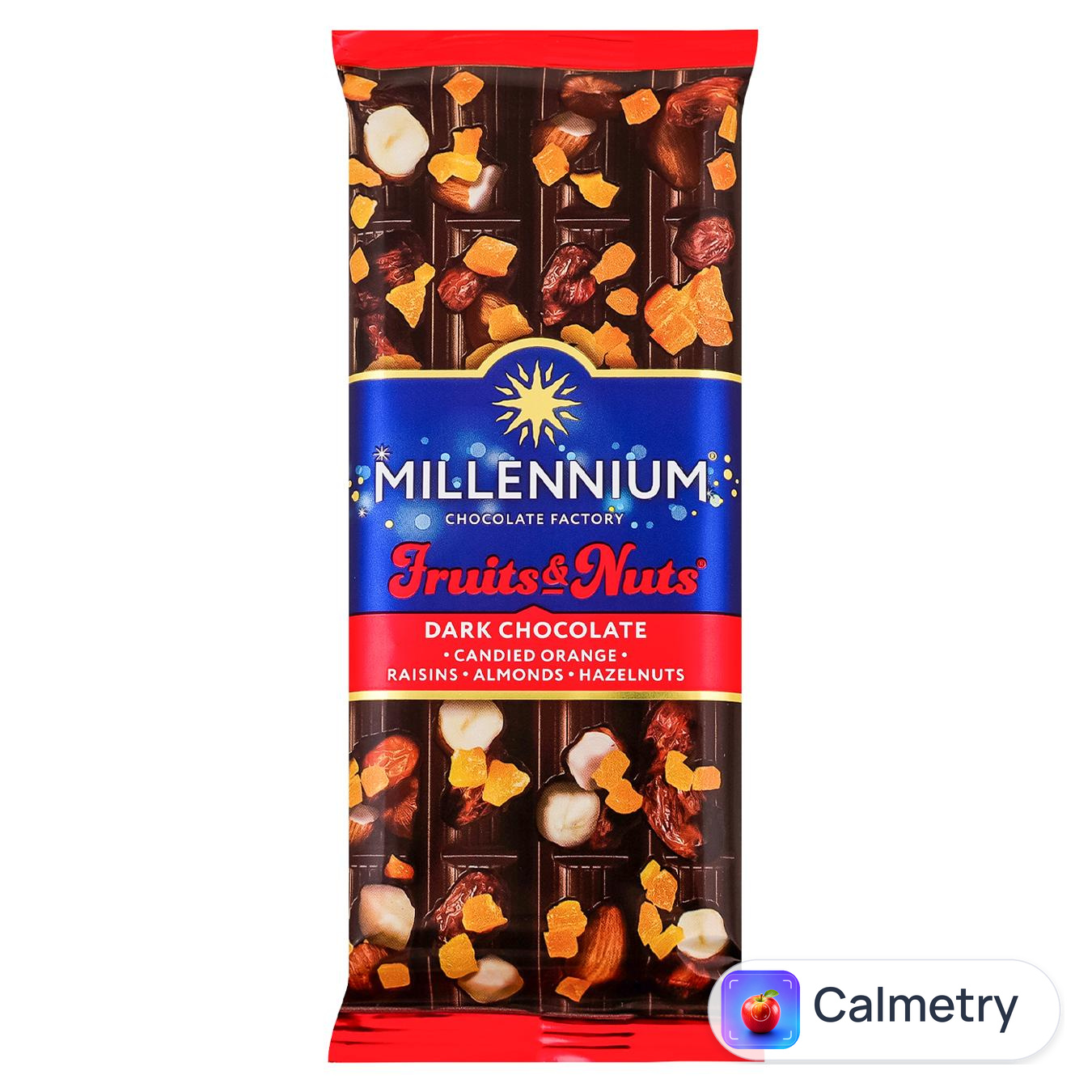 Шоколад чорний Millennium Fruits&Nuts з мигдалем, цілими лісовими горіхами, апельсиновими цукатами та родзинками 90г — фото продукту