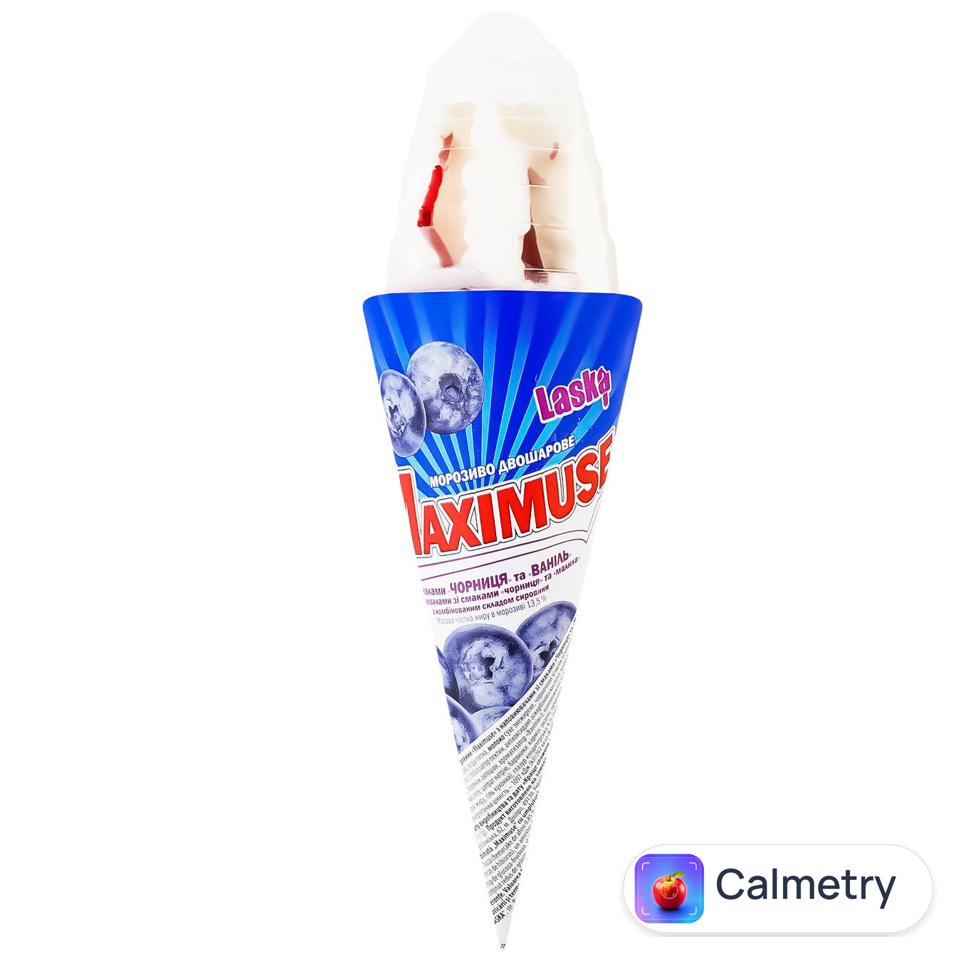 Морозиво Laska Maximuse Чорниця та ваніль у вафельному ріжку 150г — фото продукту