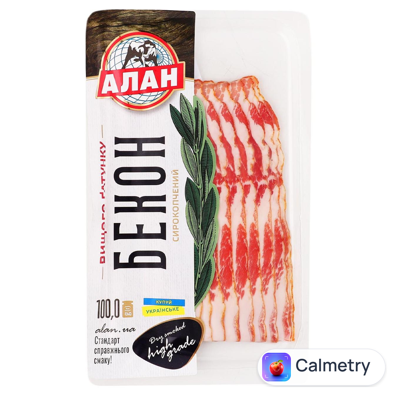 Бекон Алан сирокопчений вищий сорт нарізаний 100г — фото продукту