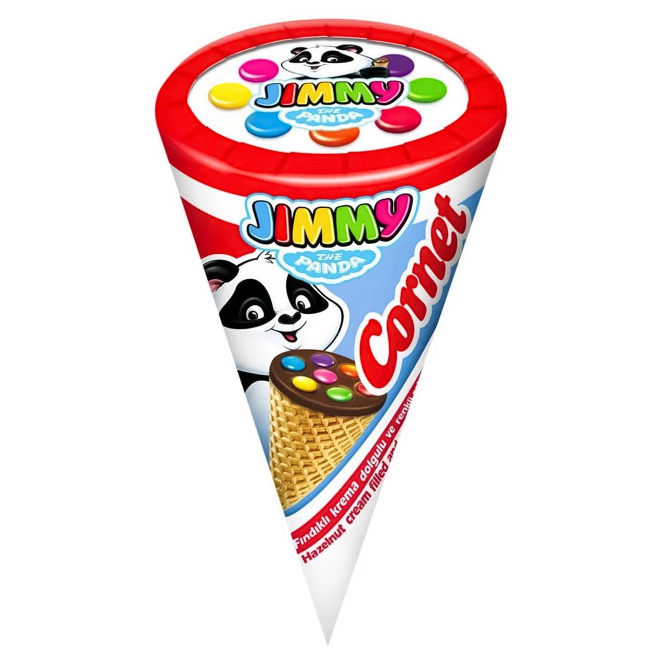 Ріжок вафельний Jimmy з кремом з лісових горіхів та драже 25г — фото продукту