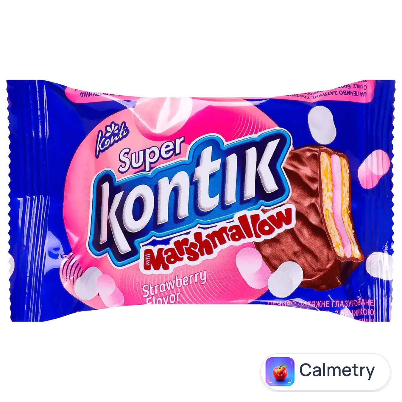 Печиво-сендвіч Konti Super Kontik з начинкою маршмеллоу зі смаком полуниці в глазурі 30г