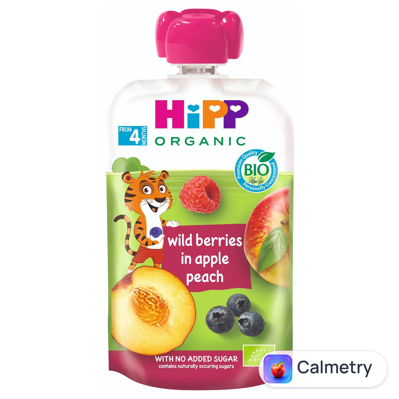 Пюре фруктове Hipp Hippis Яблоко-персик-чорниця-малина 100г — фото продукту