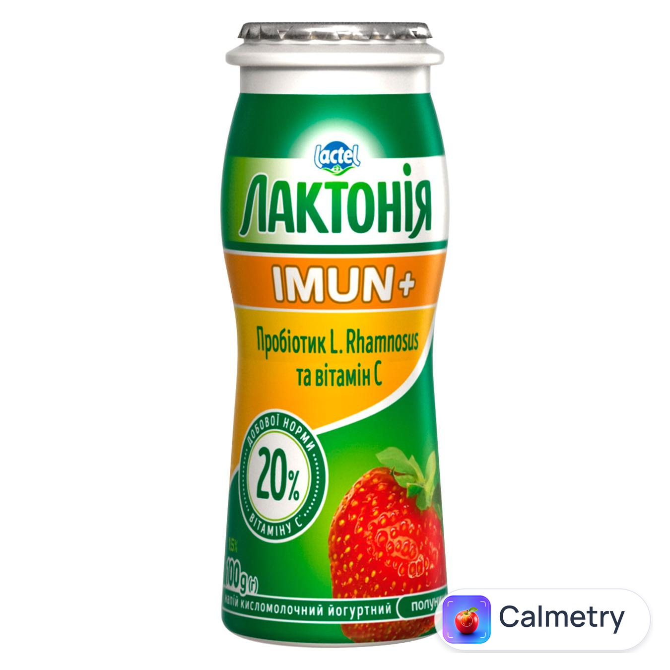 Напій кисломолочний йогуртний Лактонія Імун+ Полуниця з пробіотиком L.Rhamnosus та вітаміном С 1,5% 100г — фото продукту