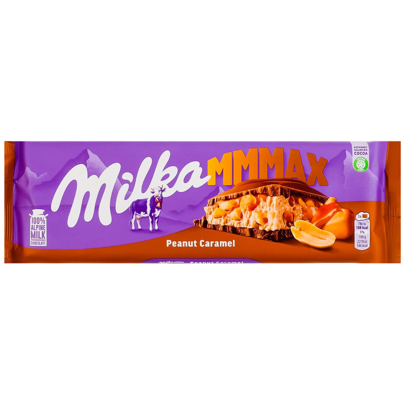 Шоколад молочний Milka з карамельної начинкою з арахісом і арахісовою начинкою з повітряним рисом і шматочками арахісу 276г — фото продукту