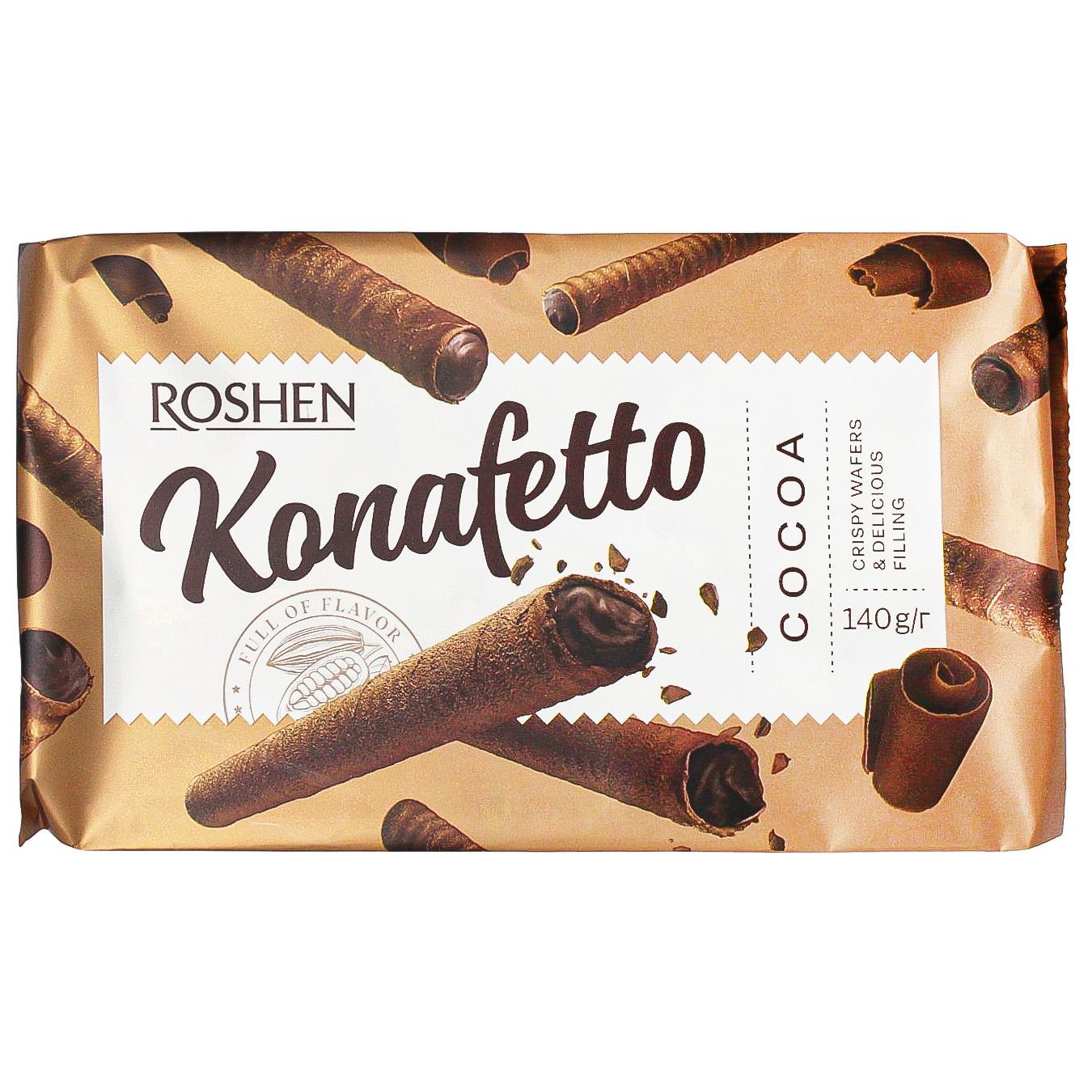Трубочки вафельні Roshen Konafetto з начинкою крем-какао 140г — фото продукту