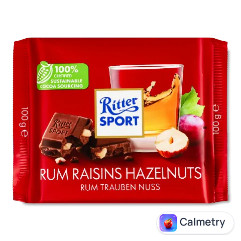 Шоколад Ritter Sport молочний з ямайським ромом, родзинками та горіхами