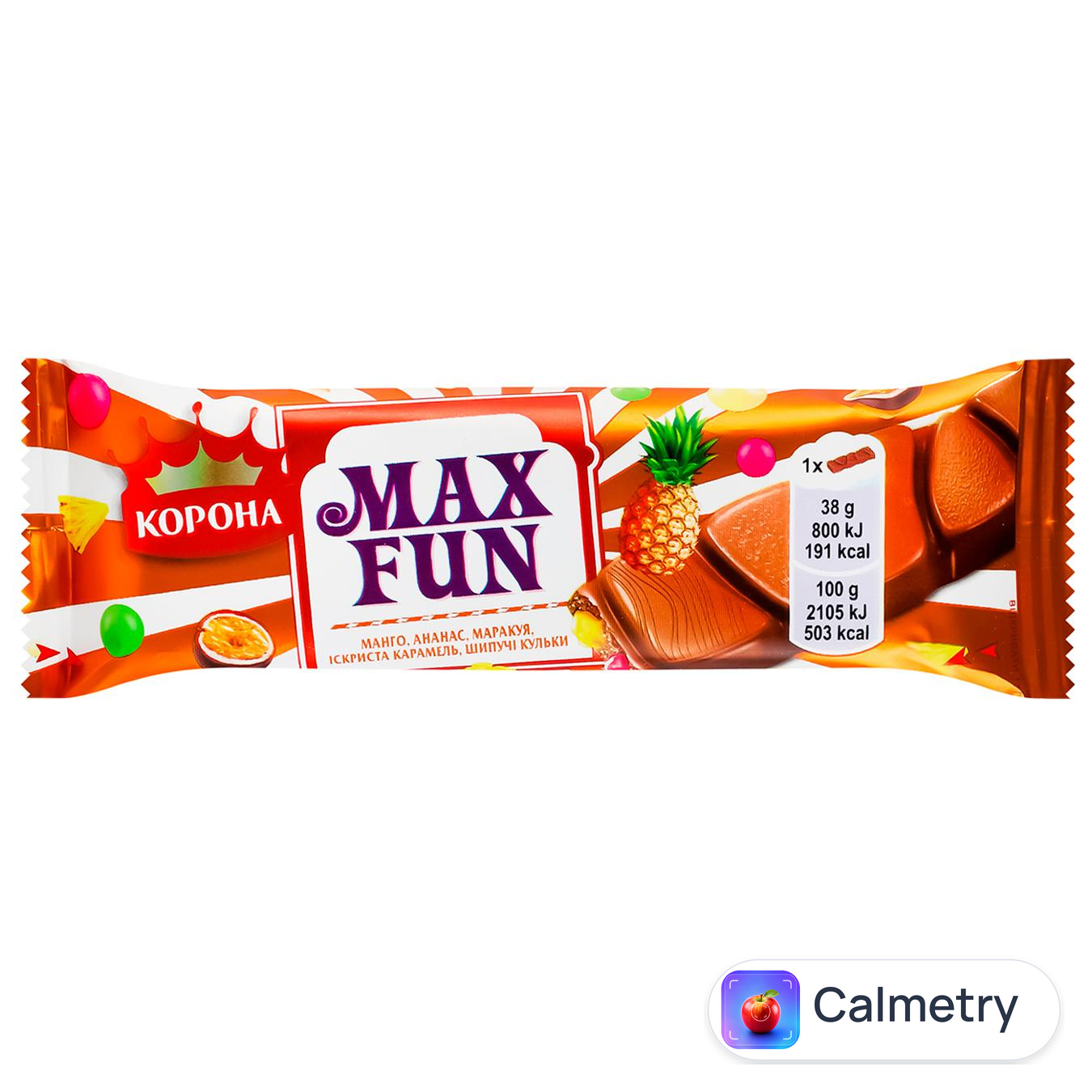 Шоколад молочний Корона Max Fun манго-ананас-маракуйя-іскриста карамель-шипучі кульки 38г — фото продукту