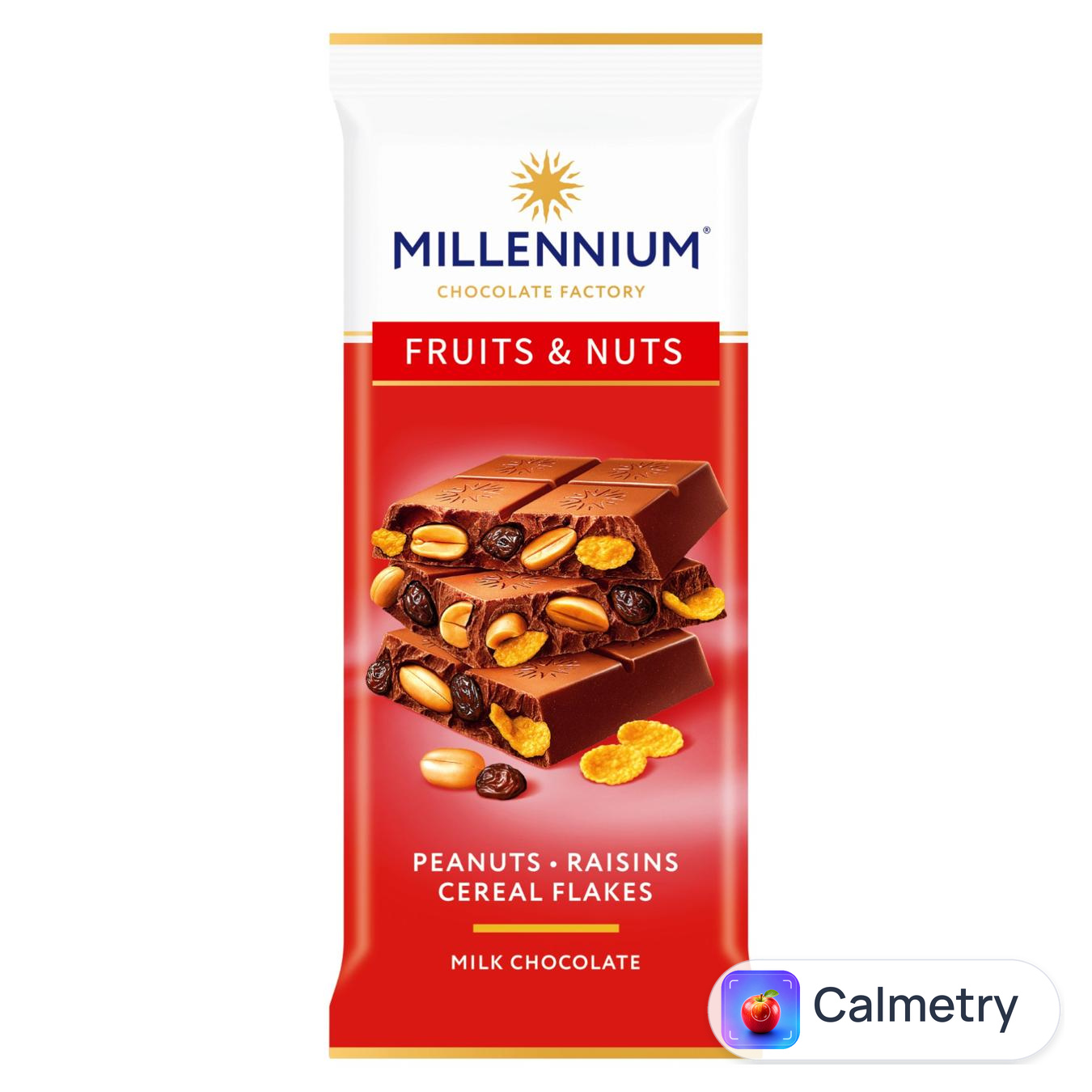 Шоколад молочний Millennium Fruits&Nuts з арахісом, родзинками, злаковими пластівцями та мигдалем 90г