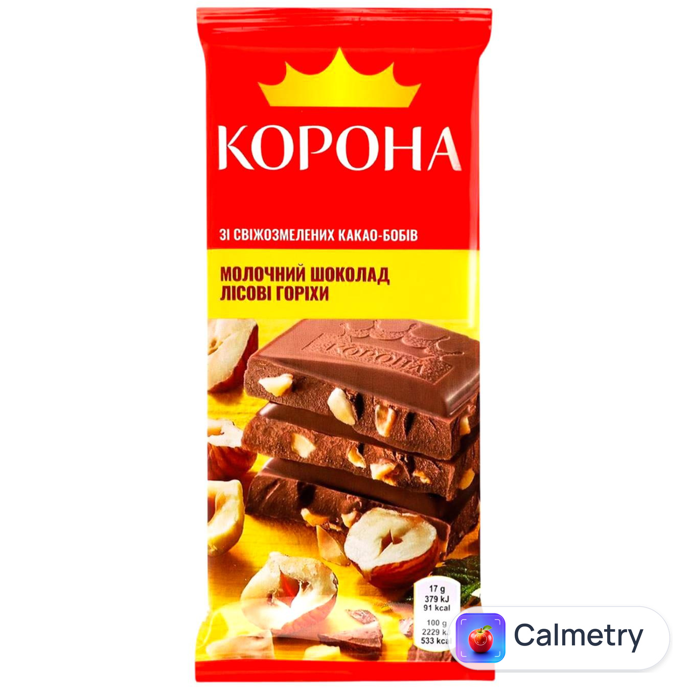 Шоколад молочний Корона з подрібненими лісовими горіхами 85г — фото продукту