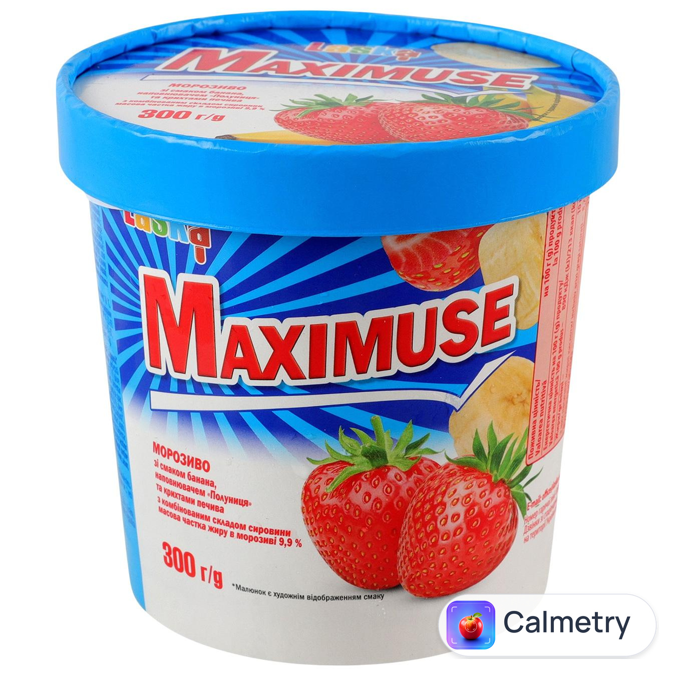 Морозиво Laska Maximuse зі смаком банана, наповнювачем полуниця та крихтами печива 300г — фото продукту