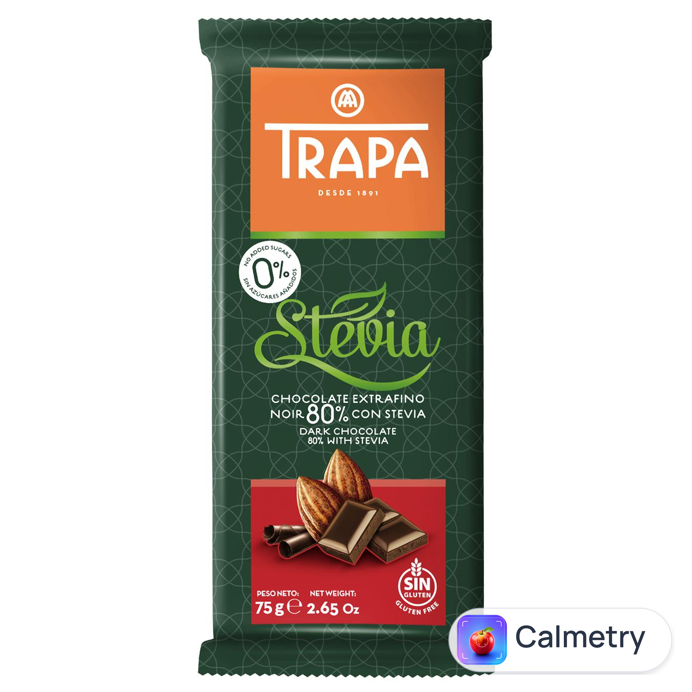 Шоколад чорний Trapa Stevia без цукру 80% 75г — фото продукту