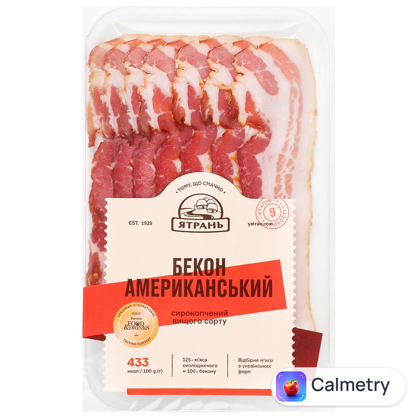 Бекон Ятрань Американський сирокопчений вищий сорт нарізаний 100г — фото продукту