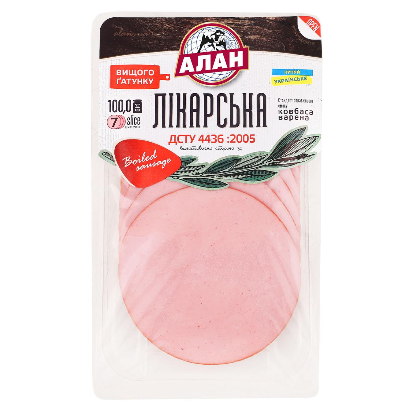 Ковбаса Алан Лікарська варена нарізана вищий сорт 100г — фото продукту